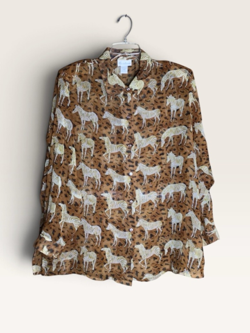 Vintage Maggie Barnes Zebra Leopard Print Blouse Shoulder Pads Made USA Sz 18W